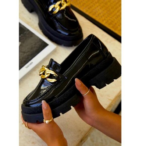 Shoes - !! NEW !! Black Patent Chunky Heel Platform Loafers with Chain Detail